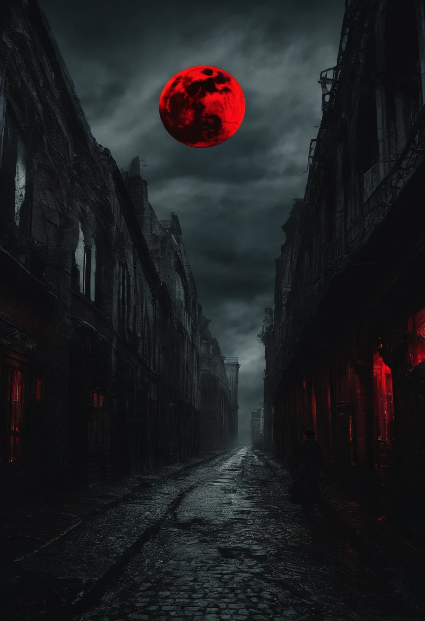 Hyper-realistic photo of gloomy night with red moon and surrealist city in jean-philip benjamin-constant style with colorful steampunk strange machines in the sky