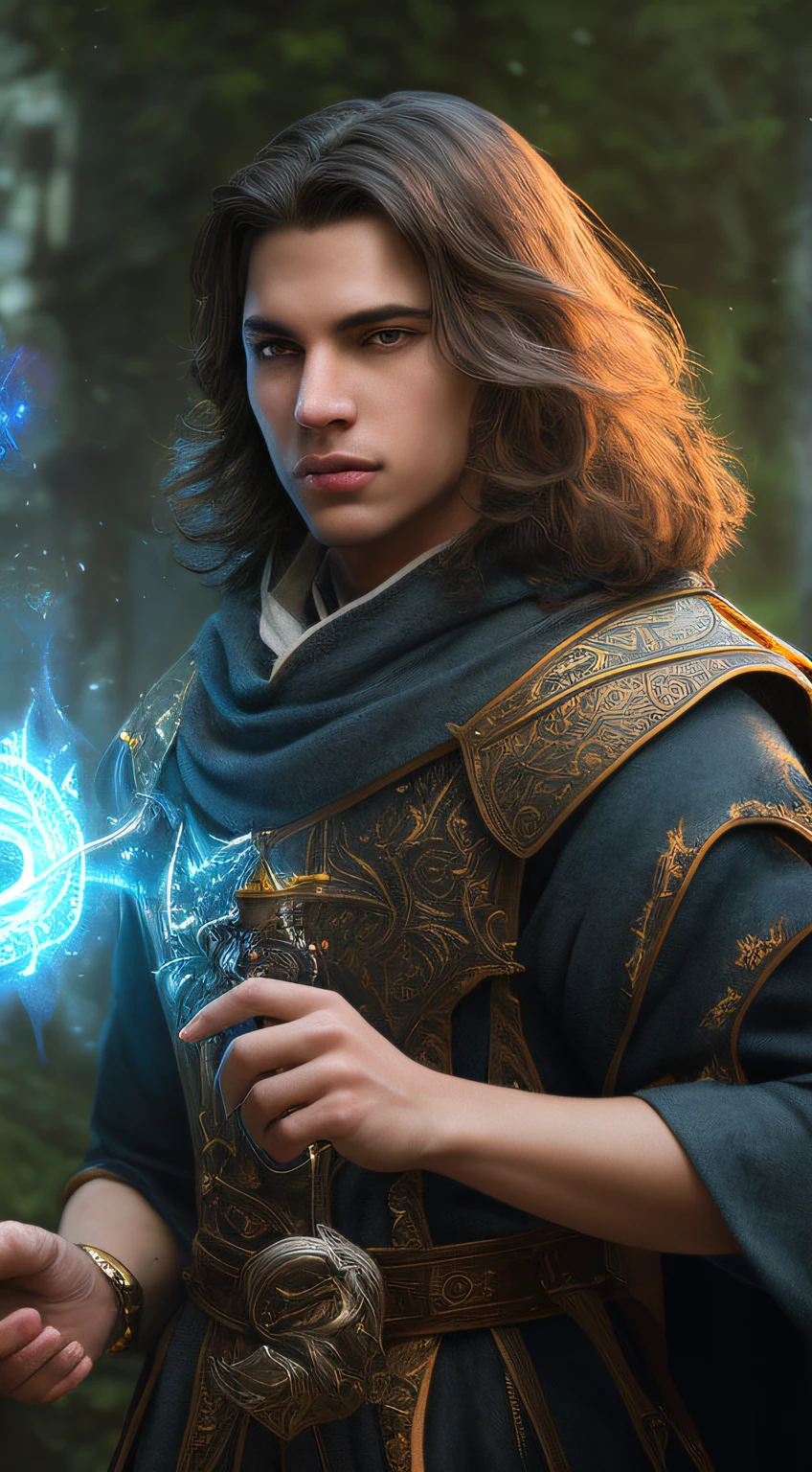 Male wizards，show， Ultra-detailed and mid-range portraits of DND characters, (Pleasant:1.3) thoughtful expression, (Summon magical energy:1.3), Cinematic effect shot on Canon 5D ultra-realistic skin,  Fantasy magic horror atmosphere, (highly detailed environments:1.3)，Real Photographics