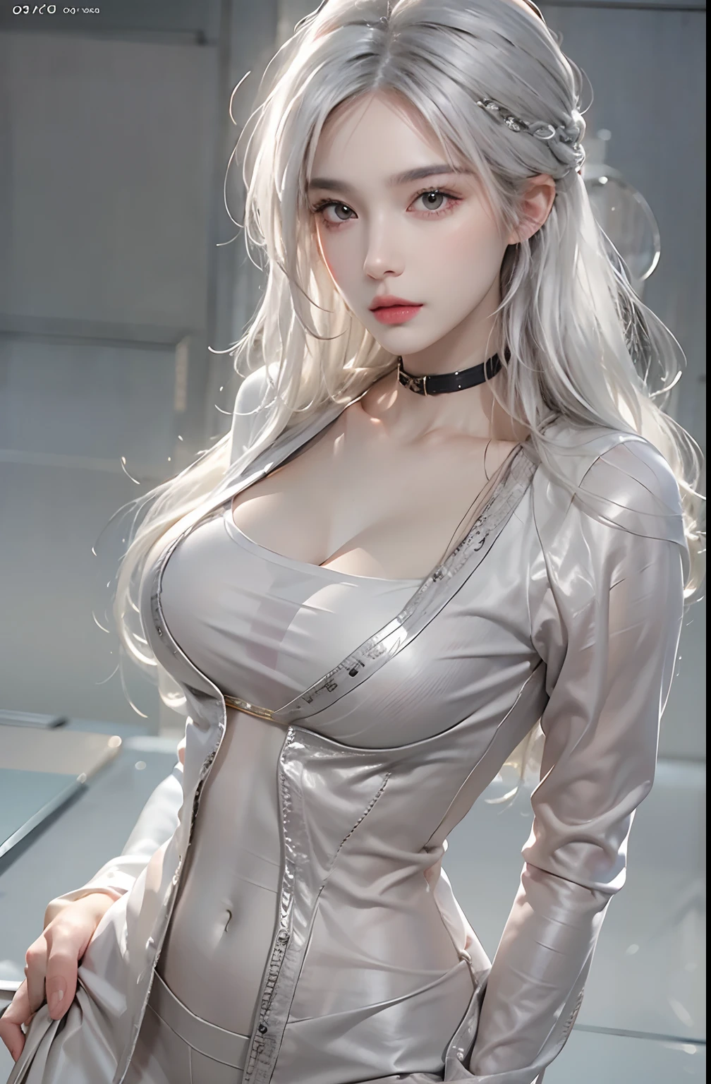photorealistic, high resolution, 1 women, solo, hips up, look at viewer, (detailed face), white hair, Long Hair, doctor outfit, nude