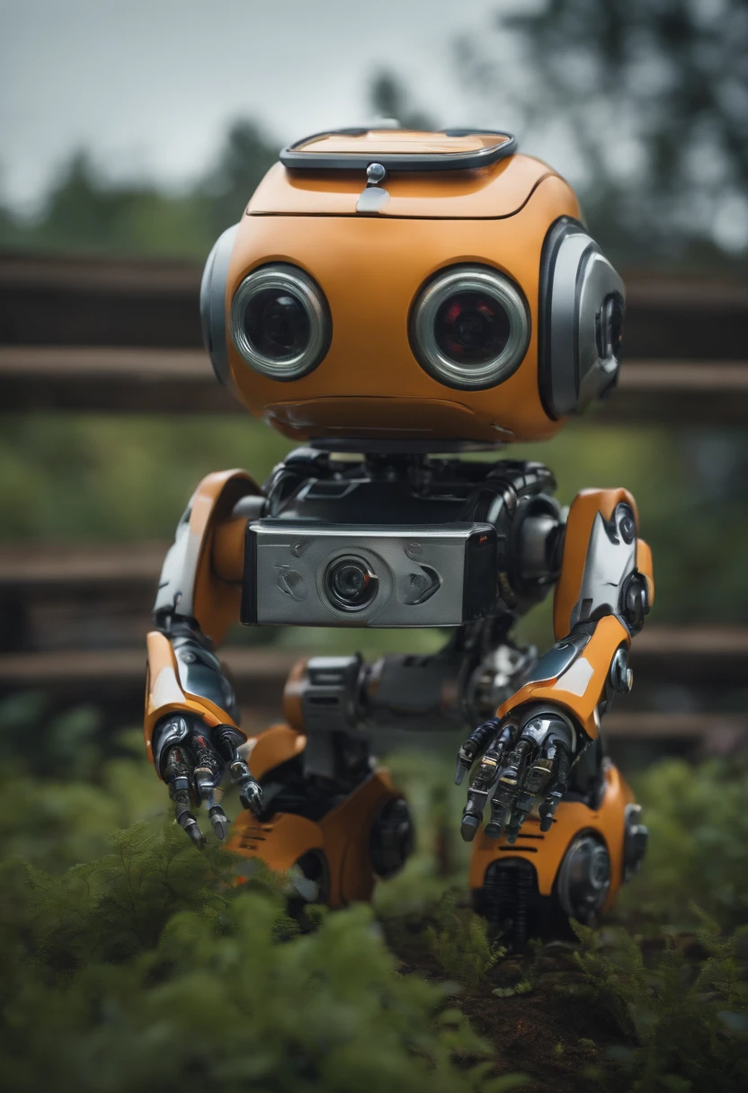 cute robot looking at the camera smiling having an idea