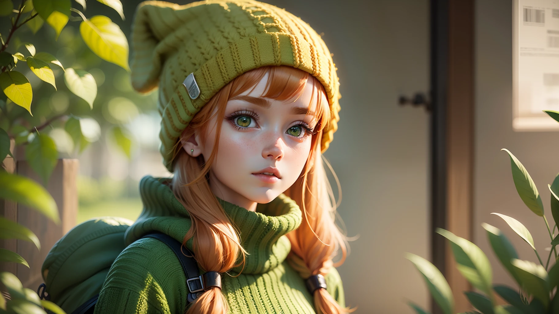 a beautiful cute ginger girl, wearing a green sweater and an animal beanie, semi realistic anime style, 3d render style, hyperrealistic photography --auto --s2
