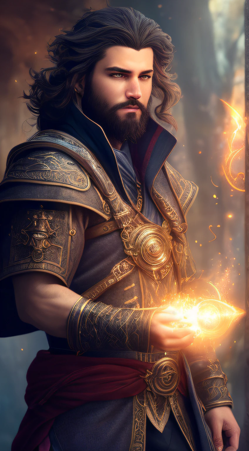 Male wizards，show， Ultra-detailed and mid-range portraits of DND characters, (Pleasant:1.3) thoughtful expression, (Summon magical energy:1.3), Cinematic effect shot on Canon 5D ultra-realistic skin,  Fantasy magic horror atmosphere, (highly detailed environments:1.3)，Real Photographics