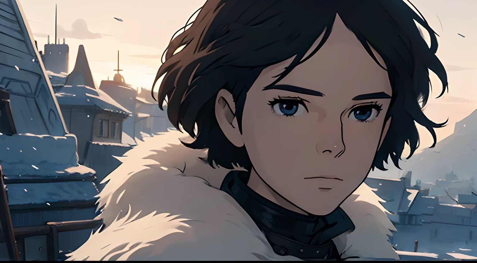 ((Jon Snow)), miyazaki hayao, expressive eyes, ((anime)), Serenity, Anime art , Luminism, cinematic light, Studio Ghibli, winter, frozen landscape