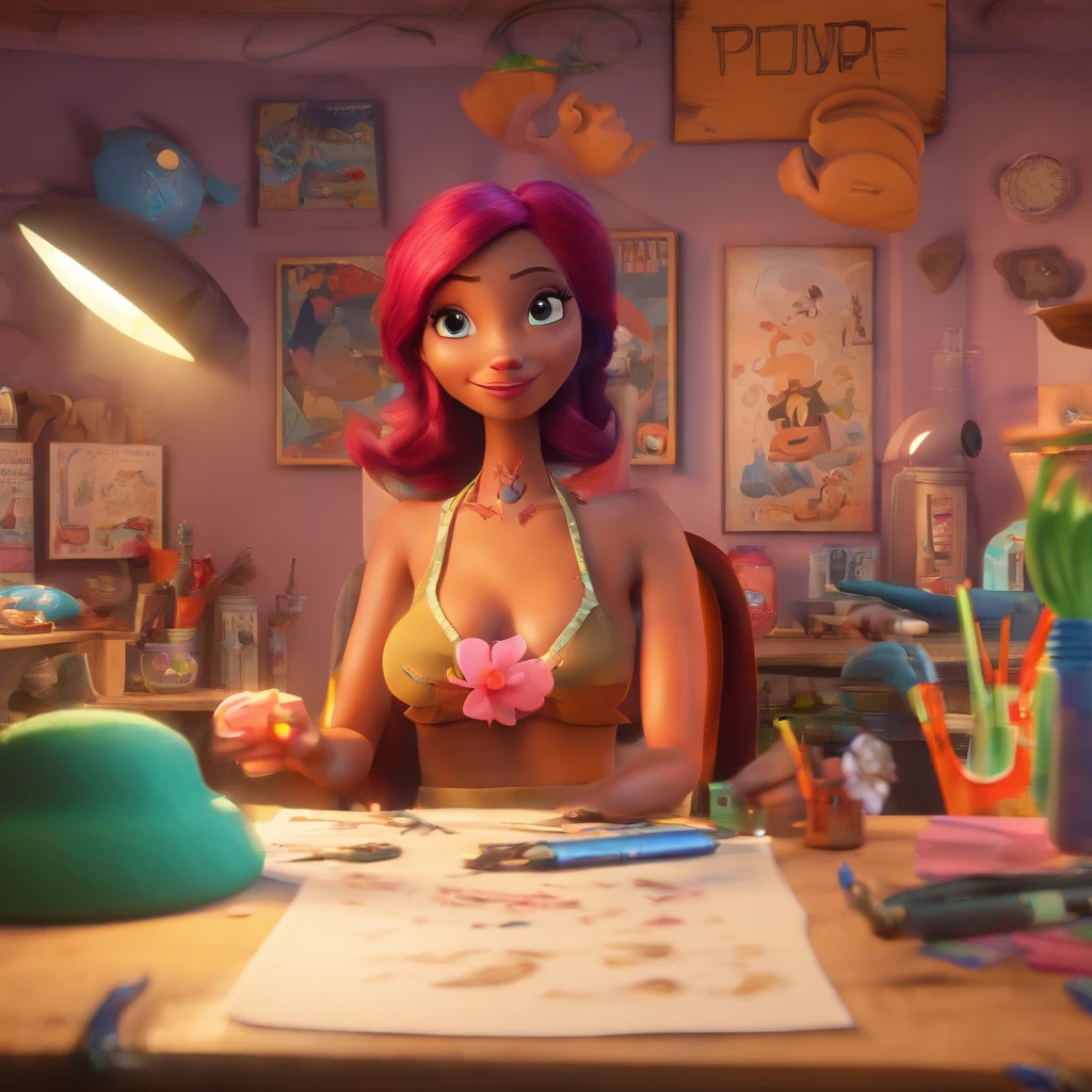 create a 3D movie poster inspired by Disney Pixar, The scene should be in Pixar's signature digital art style, com uma imagem caricatural que lembra a cantora brasileira "Anita" in the prone position, Wearing a bikini while a tattoo artist is sitting tattooing with a giant ring on one hand, inside a tattoo parlor.