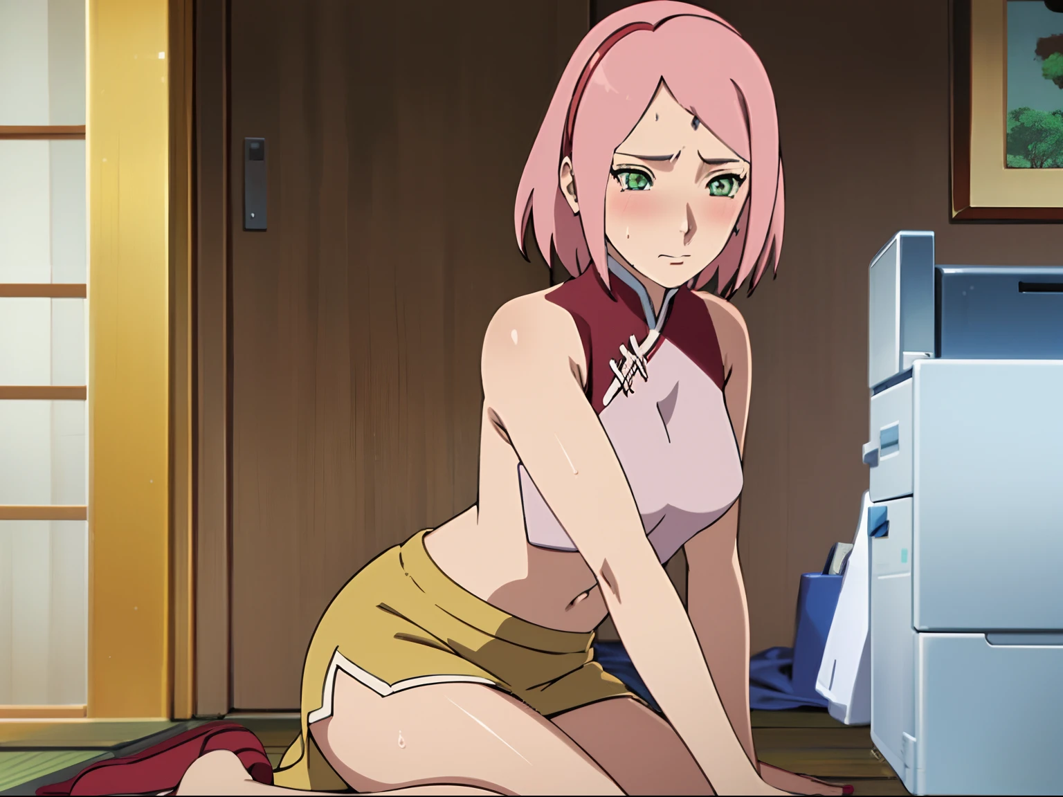 (masterpiece,best quality,Ultra high definition eyes,8k,Beautiful detailed eyes,Fine and beautiful eyes,finely detail,extremely CG, absurdres,high resolution,illustration,Detailed and beautiful outlines,finely detail,high resolution,illustration,colorful refraction:1.4) ,best quality, masterpiece, highres,, 1girll， Sakura Haruno， small breasts，topless，Raised sexy，is shy，ssmile，with pink hair， blush （Green eyeballs:1.4)， Forehead protection，  spread legs, cameltoe,NSFW,Nipples,slim waist, , young, slim,upskirt, yellow panties
