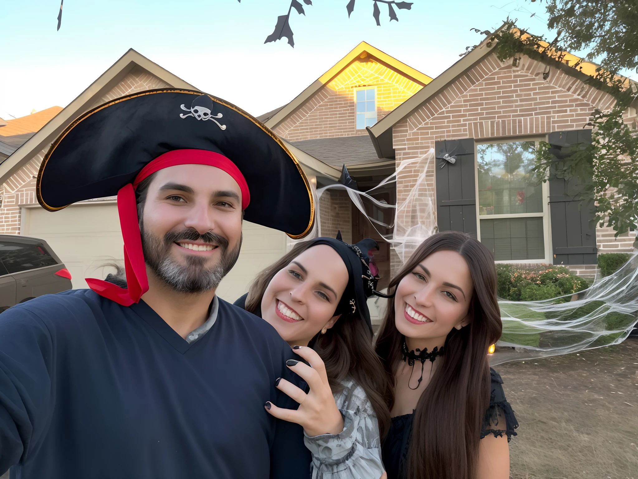 there is a man and woman posing for a picture in front of a house, pirate themed, profile image, spooky photo, goth family, profile picture, wearing a witch hat, in front of a two story house, halloween celebration, photo of a ghostly pirate, wearing a silly hat, creepy themed, full costume, in a halloween style, tricorn hat