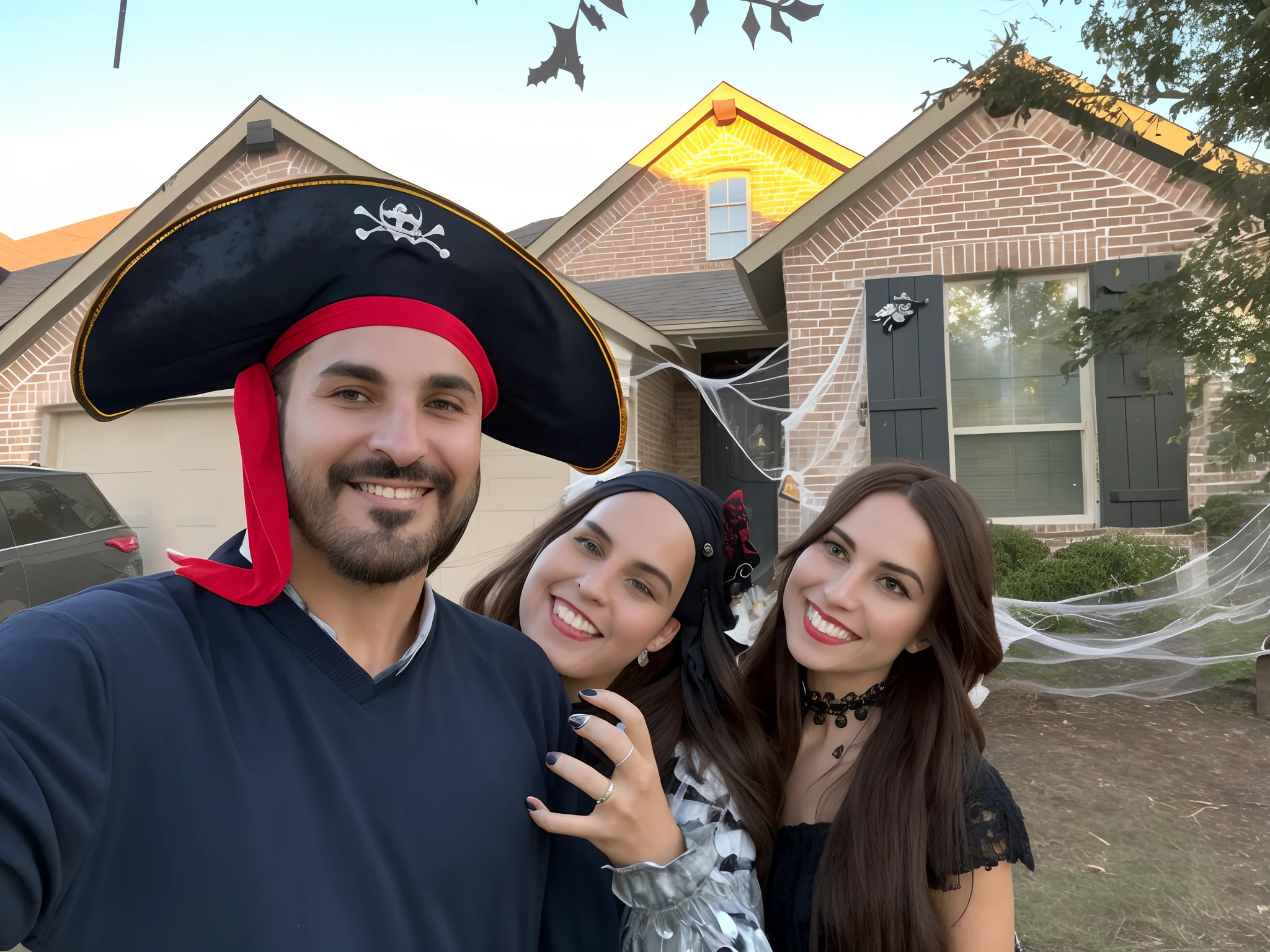 there is a man and woman posing for a picture in front of a house, pirate themed, profile image, spooky photo, goth family, profile picture, wearing a witch hat, in front of a two story house, halloween celebration, photo of a ghostly pirate, wearing a silly hat, creepy themed, full costume, in a halloween style, tricorn hat