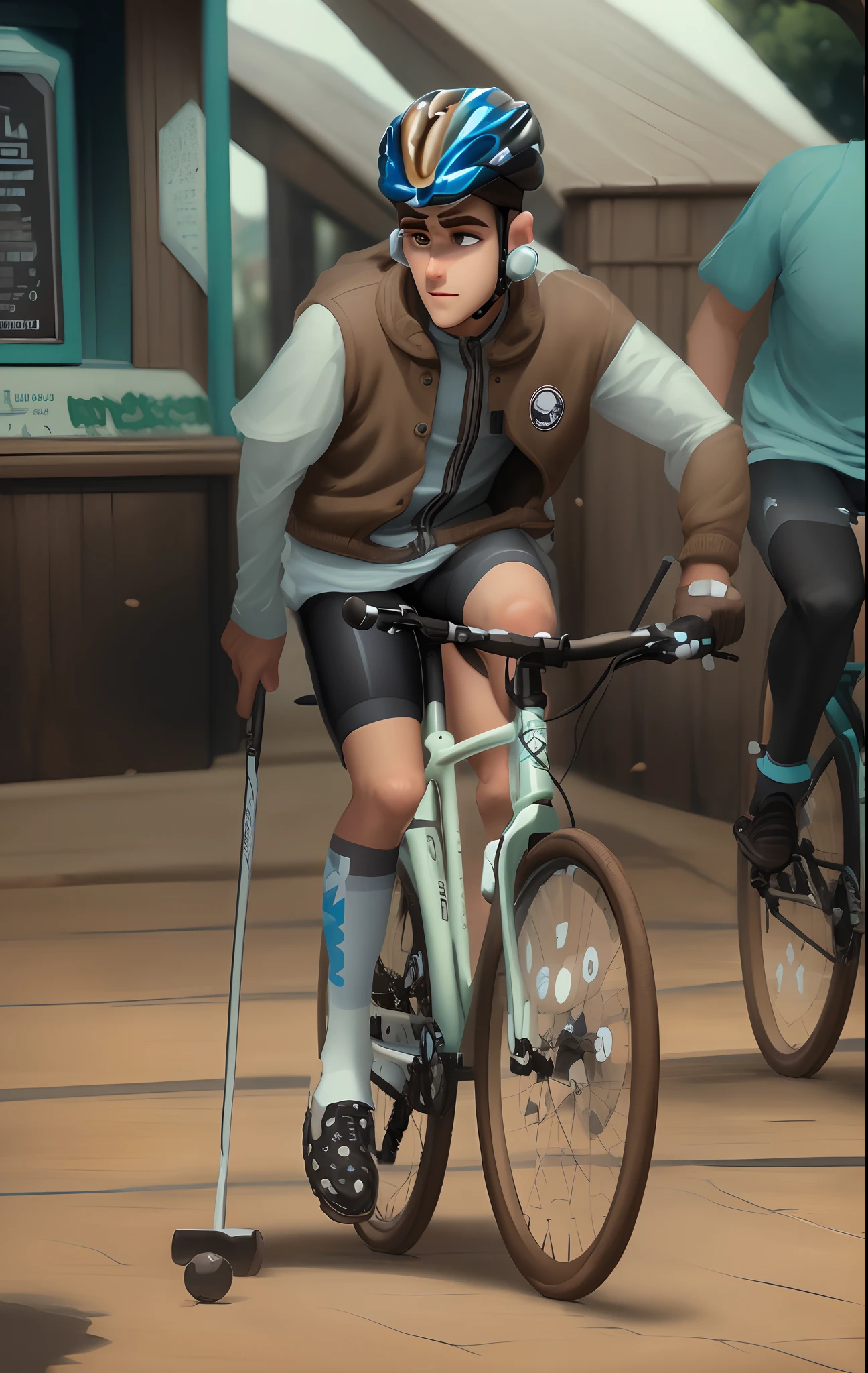 Crie um personagem no estilo Disney Pixar de um  ciclista, com capacete branco e roupa preta numa bicicleta de montain bike, He's brown, com olhos quadrados e nariz reto e orelhas pequenas