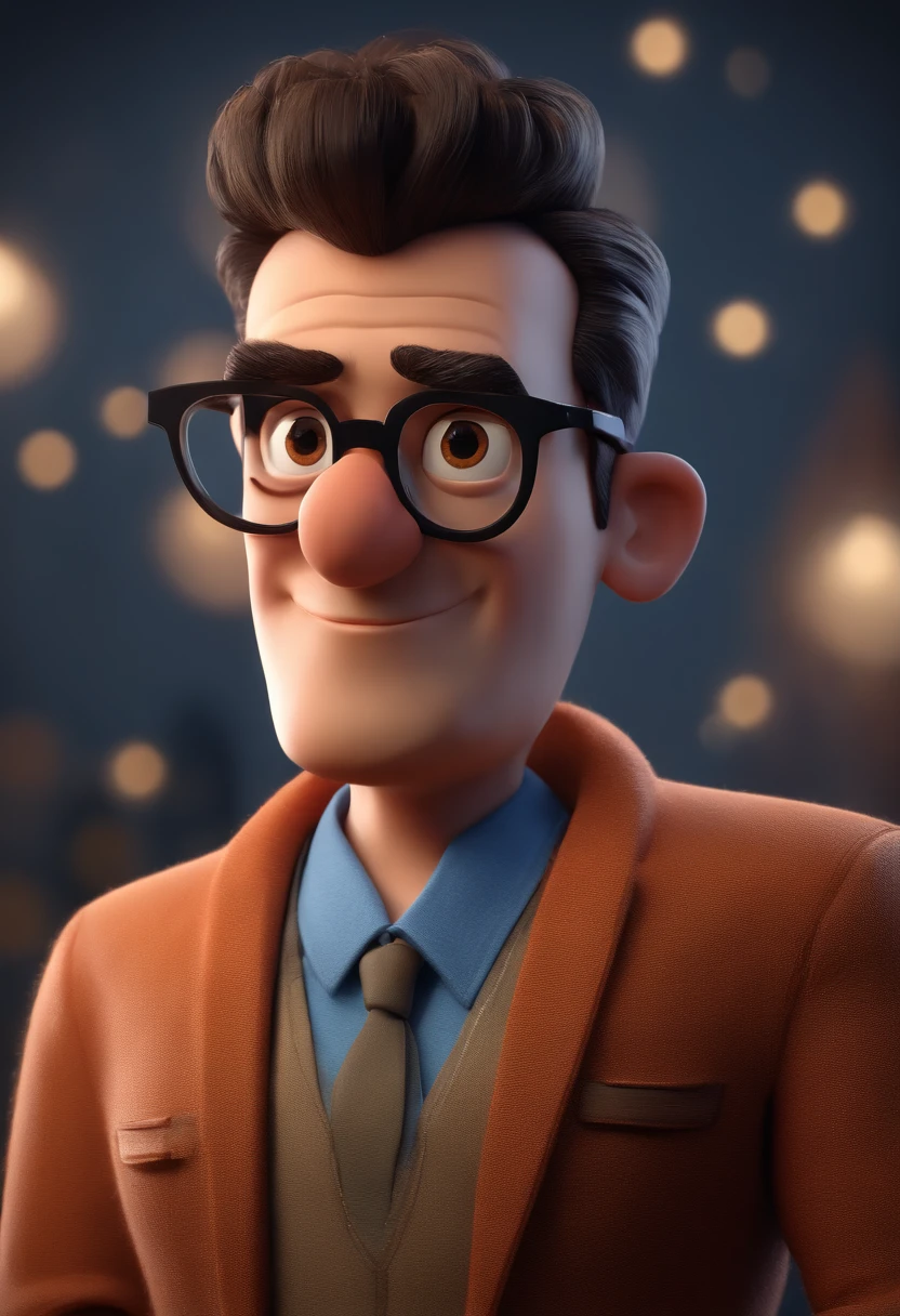 Cartoon character of a man with black glasses and a blue shirt, animation character, Caractere estilizado, animation style rendering, 3D estilizado, Arnold Maya render, 3 d render stylized, toon render keyshot, Personagem 3D, Personagem 3D, 3d rendering stylized, 3 d character render, personagem de desenho animado, Personagem de close up, Pose de personagem, (Estilo Pixar) (master part:1.2) (Bokeh) (best quality) (pele detalhada) (textura detalhada) (8k) (argila) (Cinematic lighting) (foco nítido