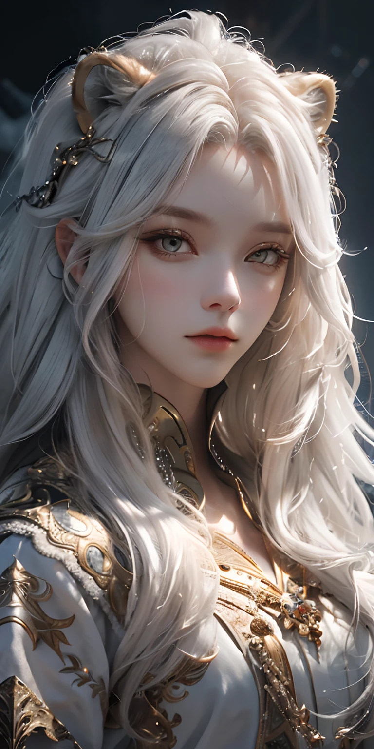 ultra-detailed, high res, masterpiece, beautiful girl, white hair, lion ears, longhair, orange eyes, kingdom background, forehead crown
