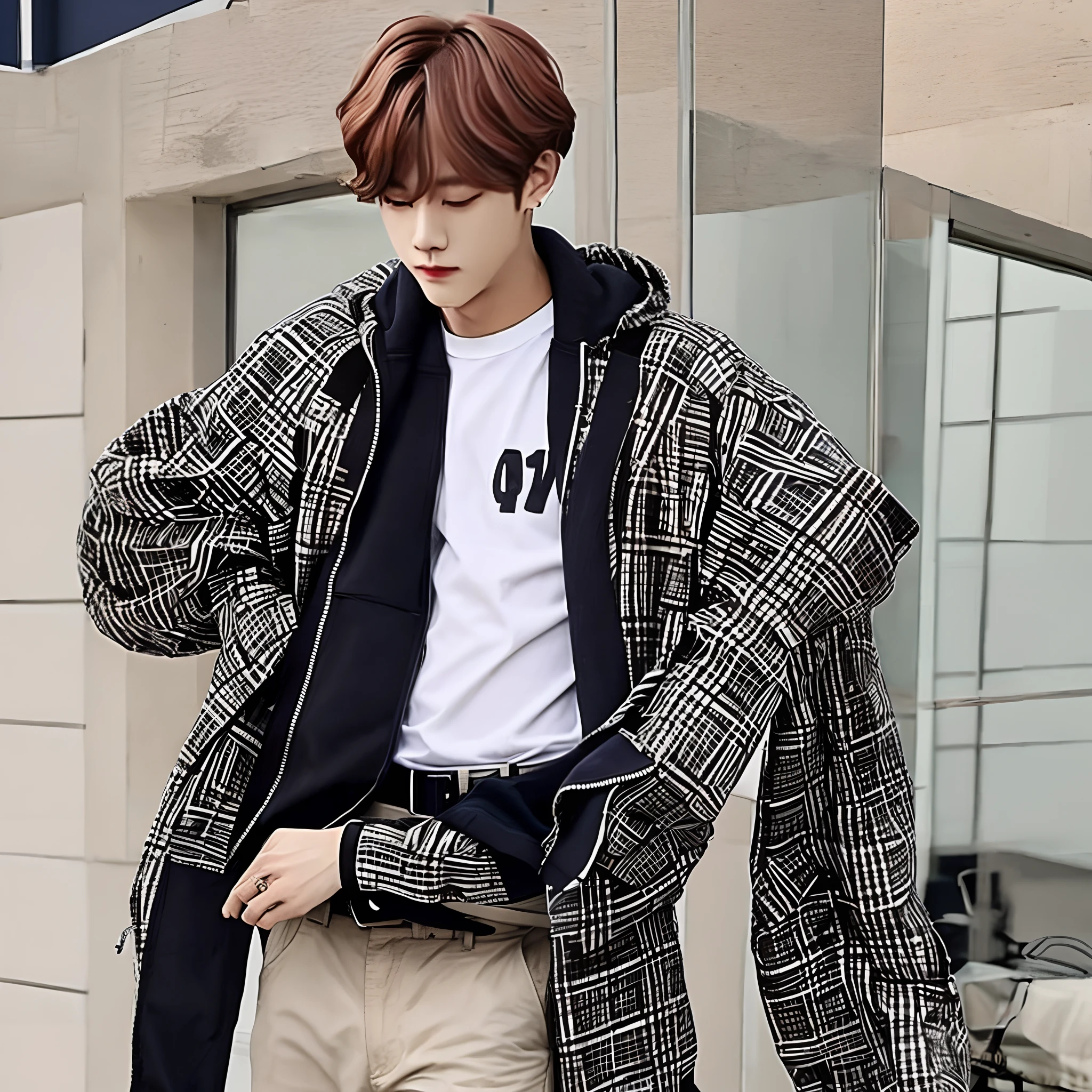 Kim Taehyung de cabelo preto, usando roupas pretas e uma jaqueta de couro realista