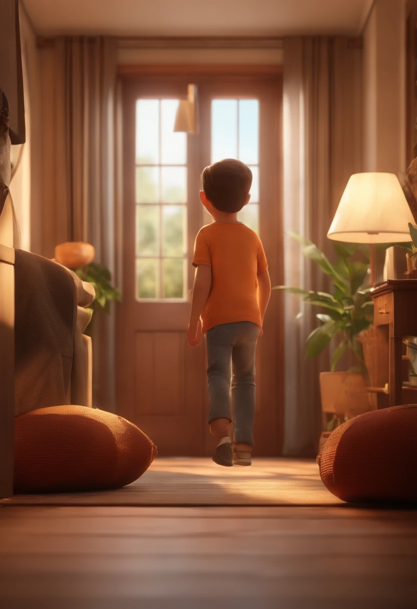 An image that has a room with soft light with little decoration and towards a boy 