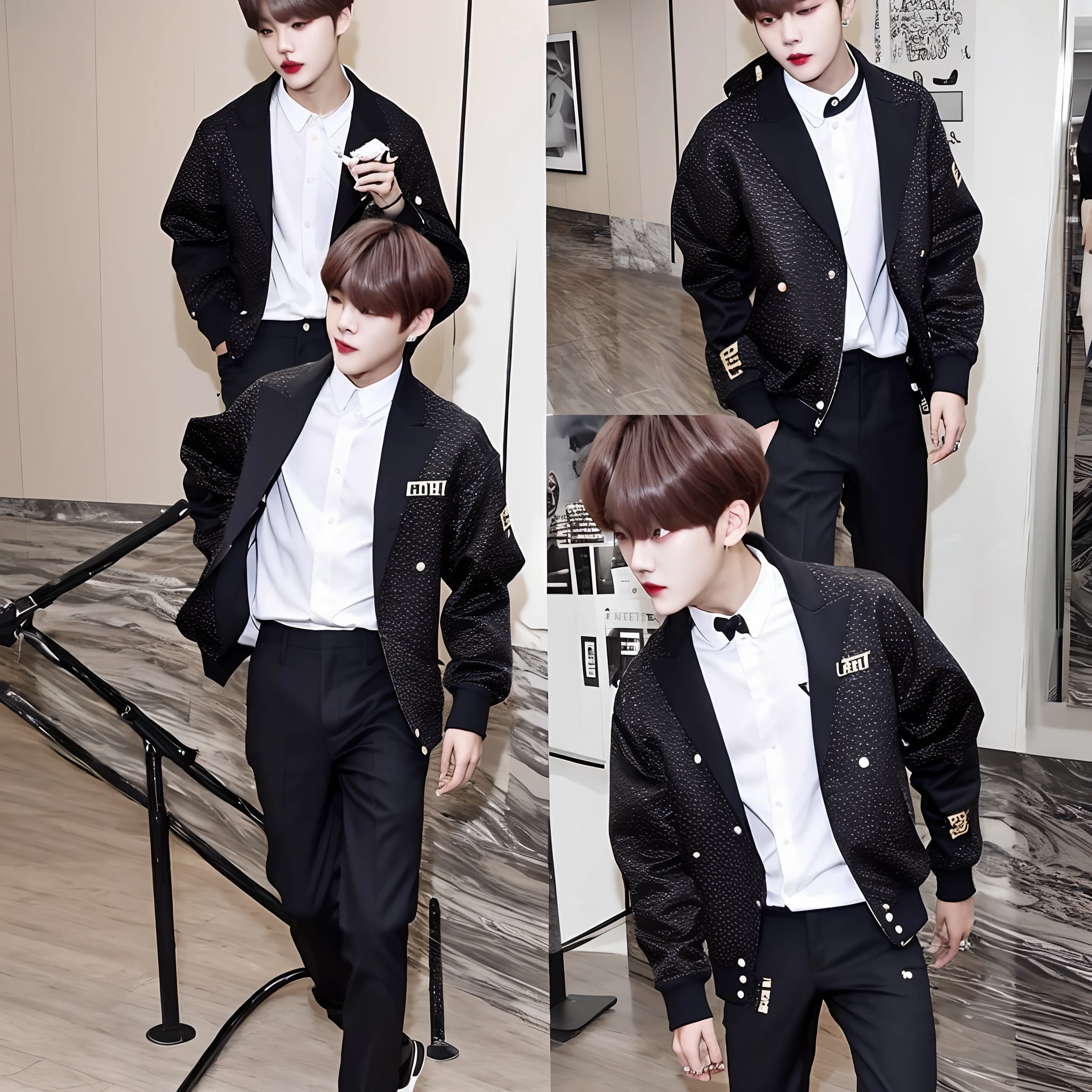 Kim Taehyung de cabelo preto, usando roupas pretas e uma jaqueta de couro realista