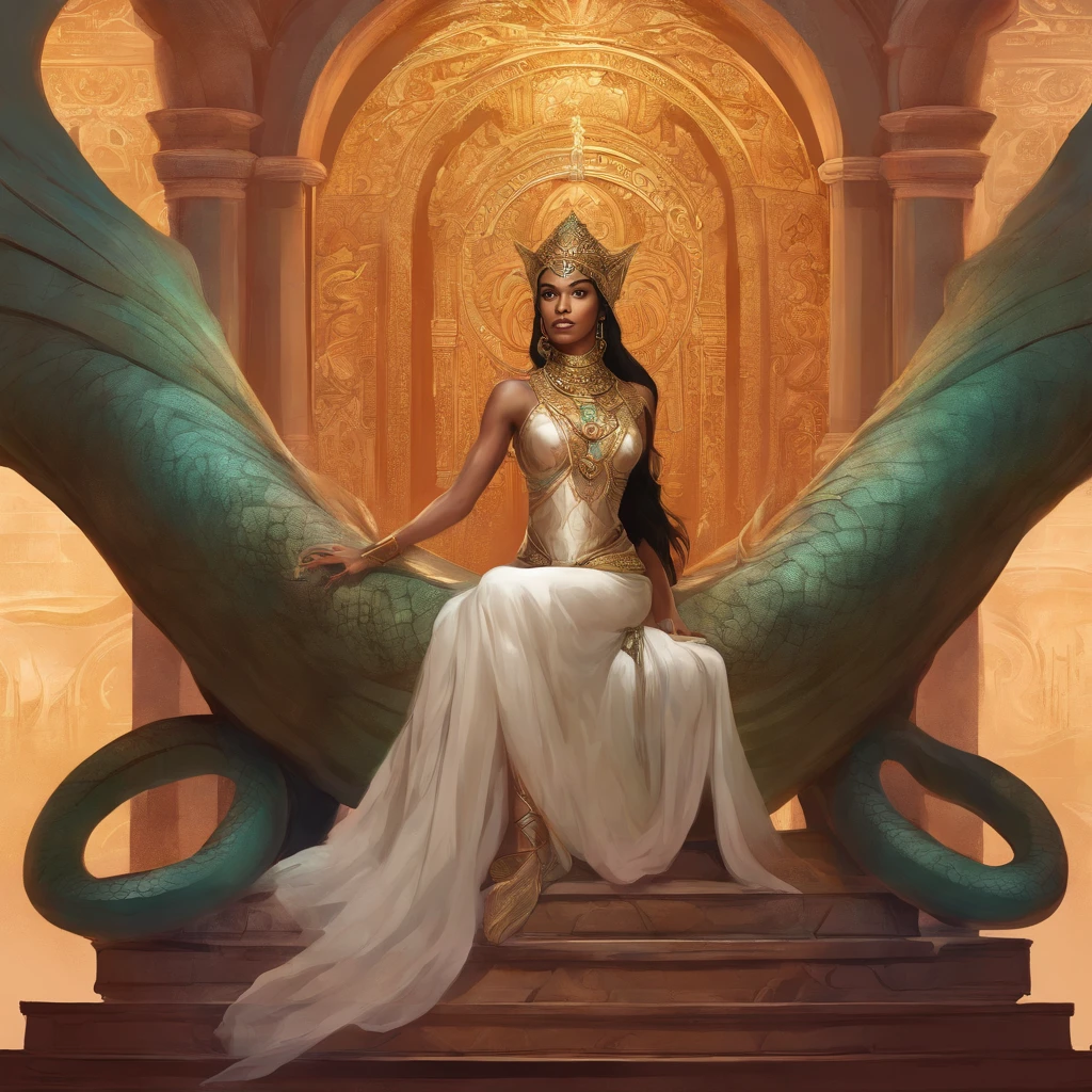 Uma mulher barbara da idade do bronze, magista cabelos negros, pele branca, Sitting on a palace throne with a giant serpent around her