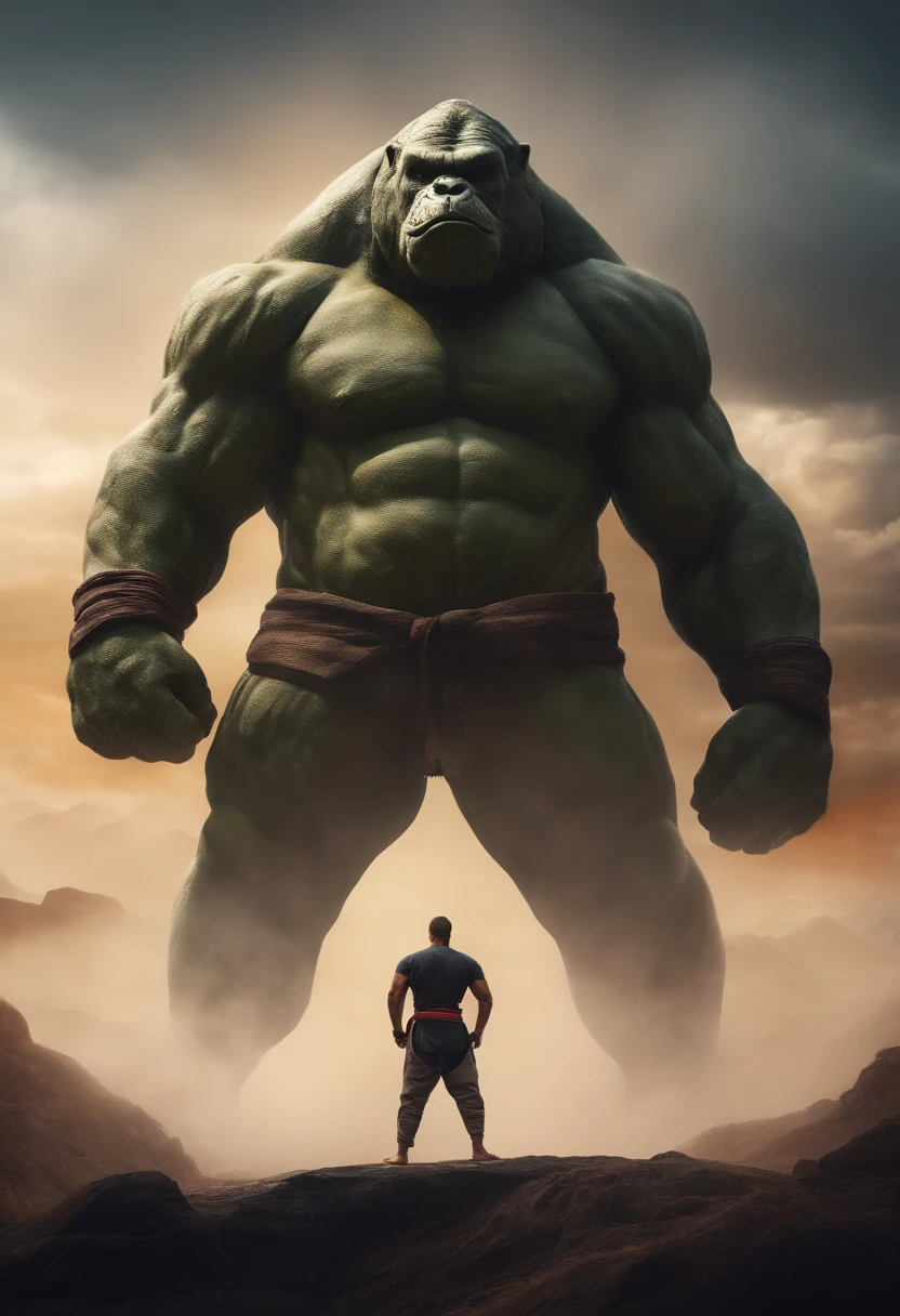 homem em frente a uma gigantesca montanha ao fundo, with arms crossed, Man in combat position, Quimono de jiu-jitsu, 8k, hyper realista, detalhado.