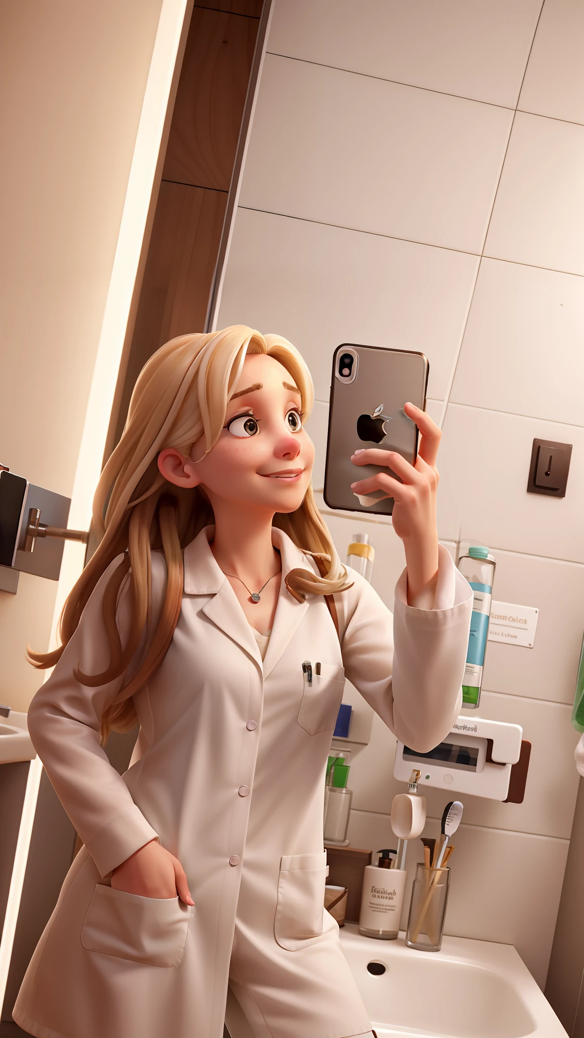 A nutritionist in her white lab coat, blonde hair, taking a mirror selfie in a bathroom with her iPhone. She is very attractive, with delicate facial features, brown eyes, and her hand is in the lab coat pocket.