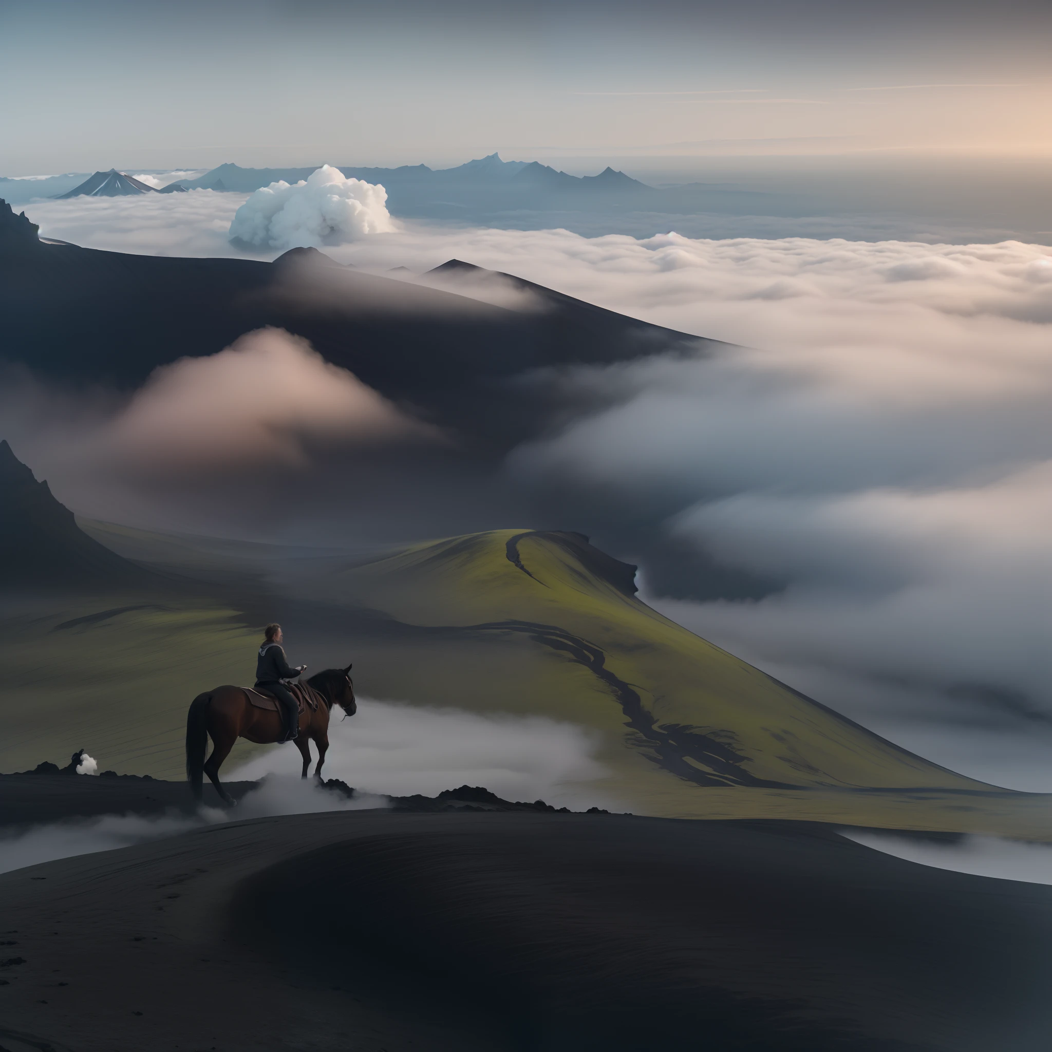 Someone rides a horse on a mountain road above the clouds, walking above the clouds and fog, Above the clouds, upon the clouds, rise above clouds, black volcano afar, wanderers traveling from afar, In the clouds, view above the clouds, Volcanic fog, iceland, iceland photography, epic and stunning, heaven in the top, Breathtaking landscapes