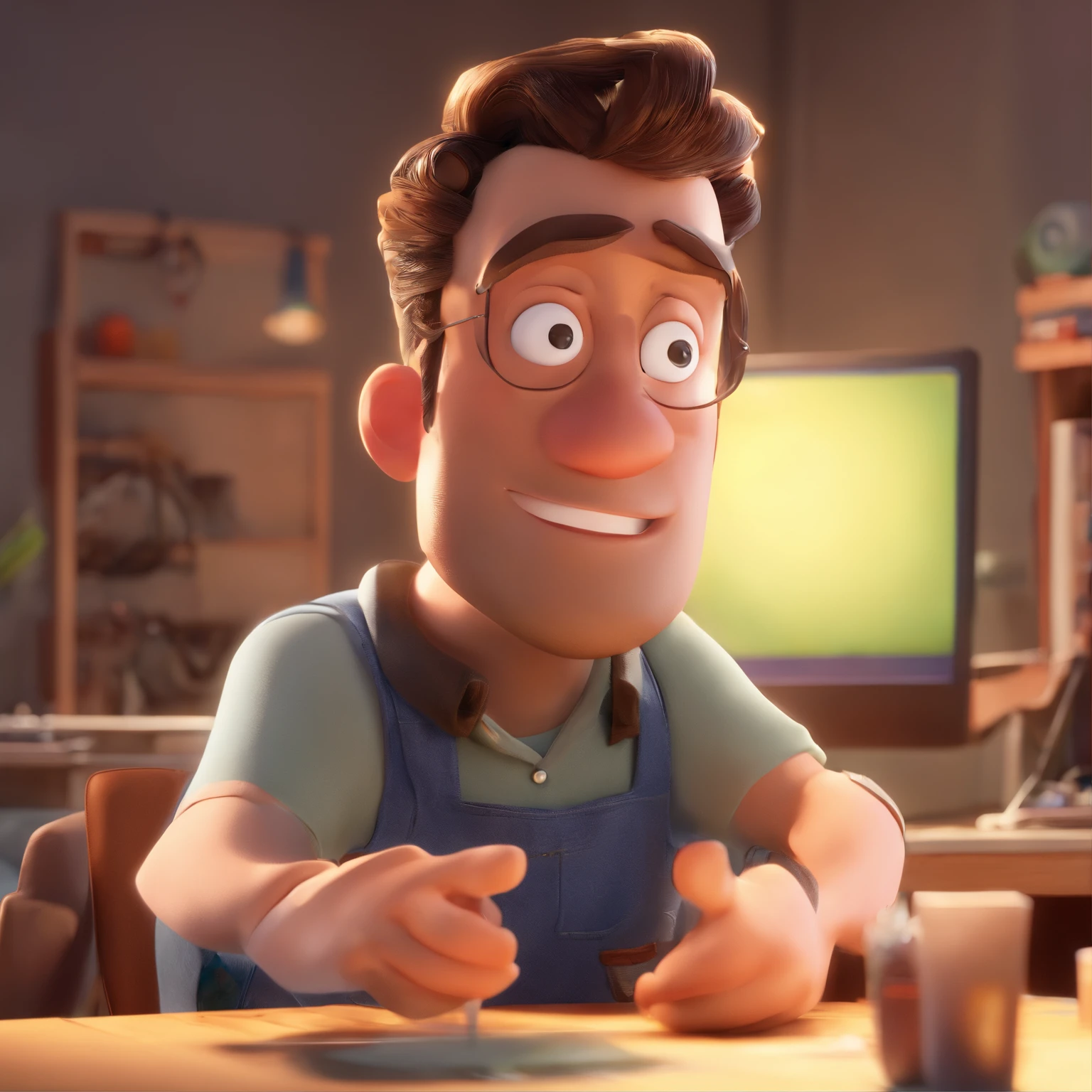 Make a Pixar-style character. He is a 30-year-old man, with a beard, white, with short brown hair and a quiff, and brown eyes. He must be in front of a computer, working as a designer