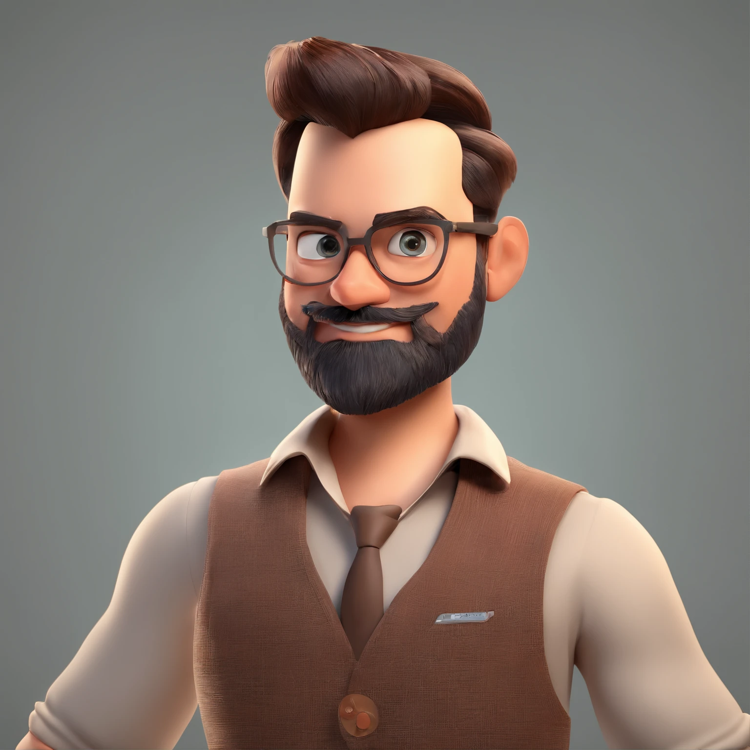 Make a Pixar-style character. He is a 30-year-old man, with a beard, white, with short brown hair and a quiff, and brown eyes. He must be in front of a computer, working as a designer