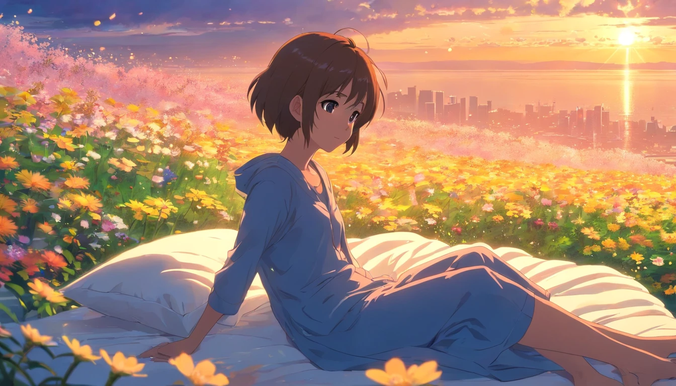 obra-prima, melhor qualidade, filme ainda, young asian girl, floating into the sky, fluffy hair , brilhante, feliz, Soft lighting and Warm, (Sparks: 0,7) , bed of flowers, rainy weather