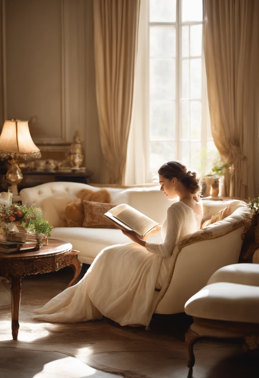 Cream style furniture,The girl leans on the milky white sofa and reads a book