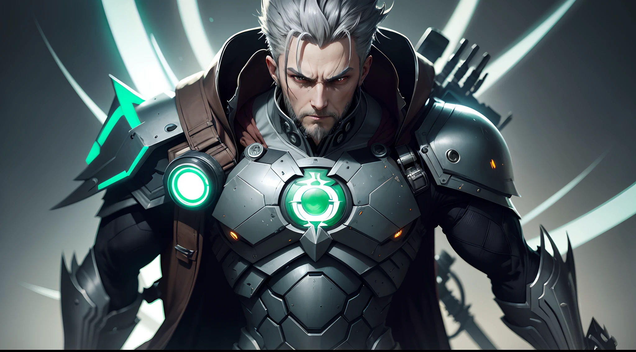character doctor crazy, Close-up of a man hair gray, using  mask metal black cyberpunk with a green lantern sword, glowing green soul blade, Brilliant Sword, glowing sword in hand, intricate glowing mecha armor, Krenz Cushart and Wenjun Lin, elegant glowing armor, amazing 8k character concept art, style by duelyst, Krenz Cushart and Artem Demura