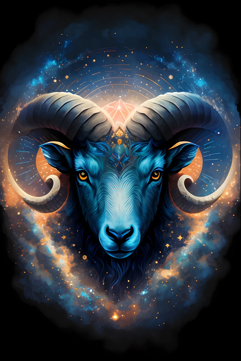Arafed ram with blue and orange background and starry sky, aries fiery ram tarot, horned ram goddess, jen bartel, Aries constellation, illustration,Poster cover,Graphic design