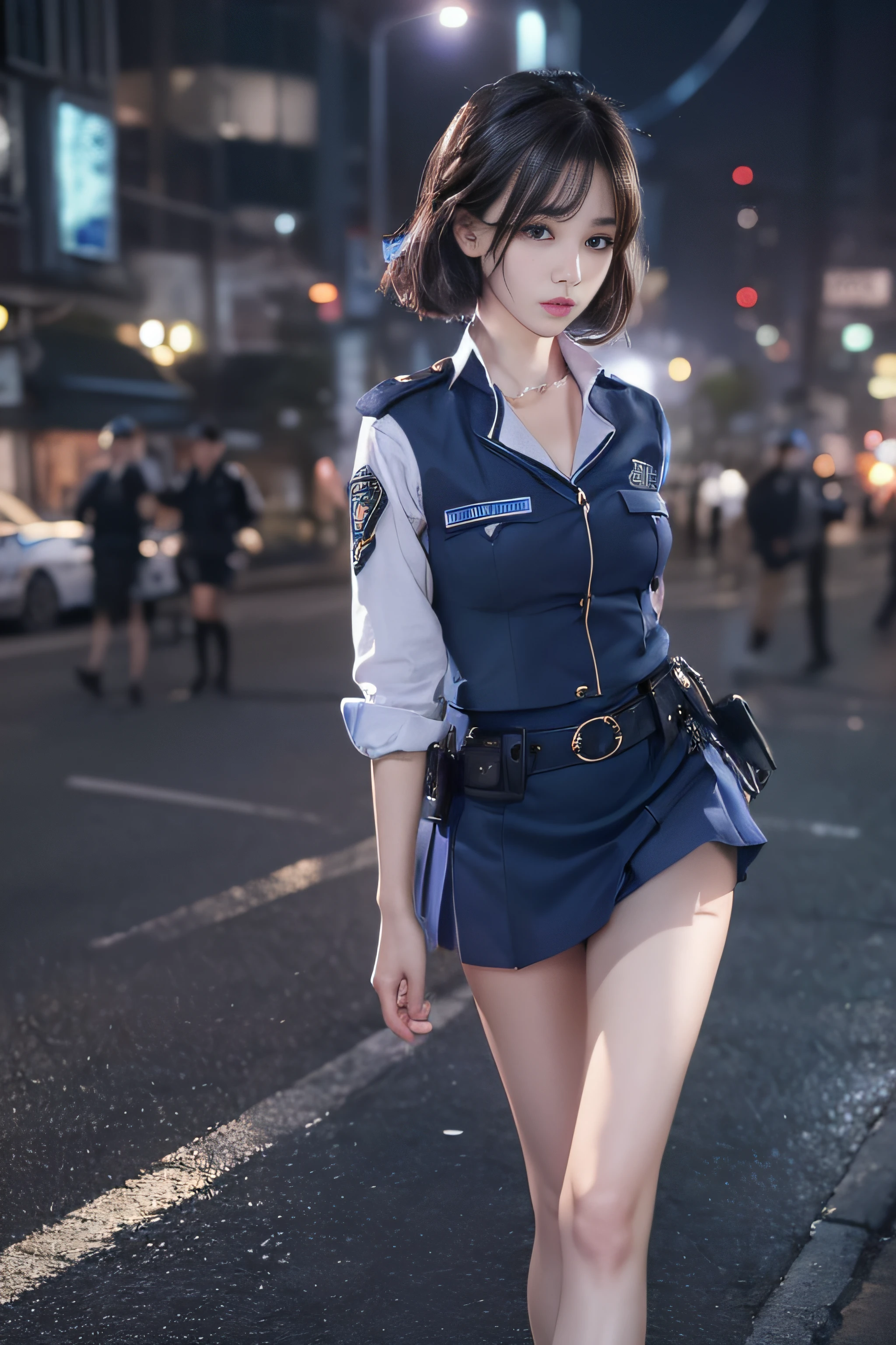 (One Woman)、(Japanese)、(Police officer woman in uniform:1.5)、(mini skirt:1.5)、((Skirt Lift:1.5))、((little white panties:1,5))、(front:1.5)、(Beautiful Eyes)、(Beautiful Face)、((Embarrassed face:1.5))、(Very detailedな顔:1.5),(Very detailedな手描き:1.5))、(blush:1.5)、(Thighs:1.5)、(Beautiful figure:1.5)、(Flesh:1.5)、(The background is a night city:1.5)、((Background is blurred:1.5))、(Gentle Light:1.5)、(Character Boundary Depth:1.5)、BREAK(((Highest quality:1.5)、(Highest quality:1.5)、(Very detailed:1.5)、(High resolution:1.5)、(Real:1.5)、(Real:1.5))、8k