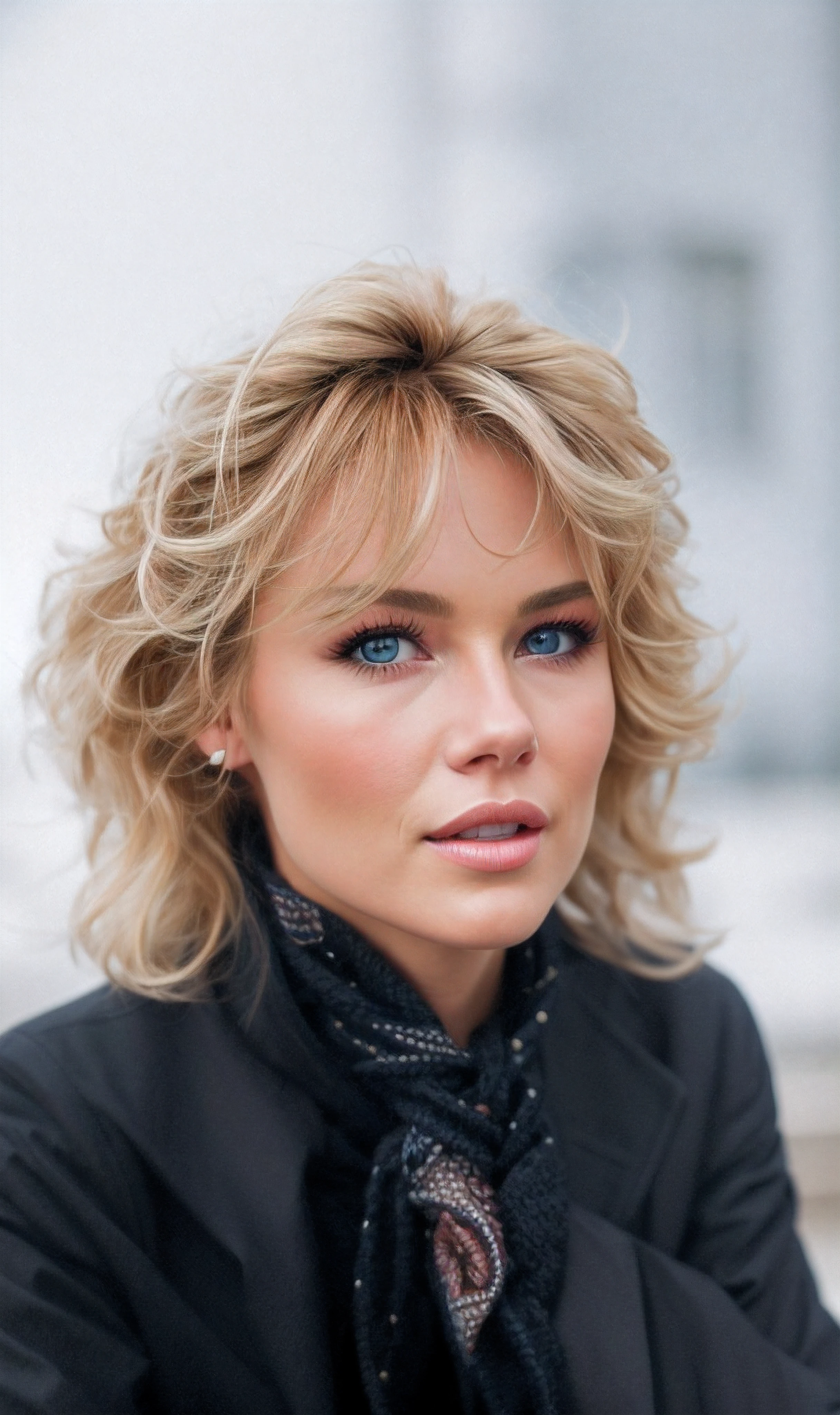 Blonde woman with blue eyes and a black jacket with a black scarf with a knot dividing into two parts, com bolinhas brancas brilhantes e com uma flor desenhada