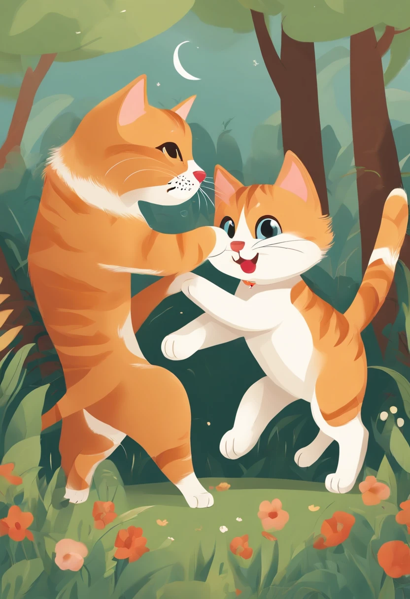A cat and a dog are playing，Cute illustration