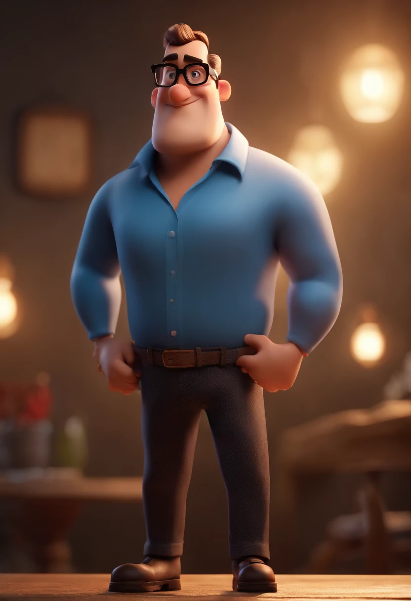Cartoon character of a man with black glasses and a blue shirt, animation character, Caractere estilizado, animation style rendering, 3D estilizado, Arnold Maya render, 3 d render stylized, toon render keyshot, Personagem 3D, Personagem 3D, 3d rendering stylized, 3 d character render, personagem de desenho animado, Personagem de close up, Pose de personagem, (Estilo Pixar) (master part:1.2) (Bokeh) (best quality) (pele detalhada) (textura detalhada) (8k) (argila) (Cinematic lighting) (foco nítido