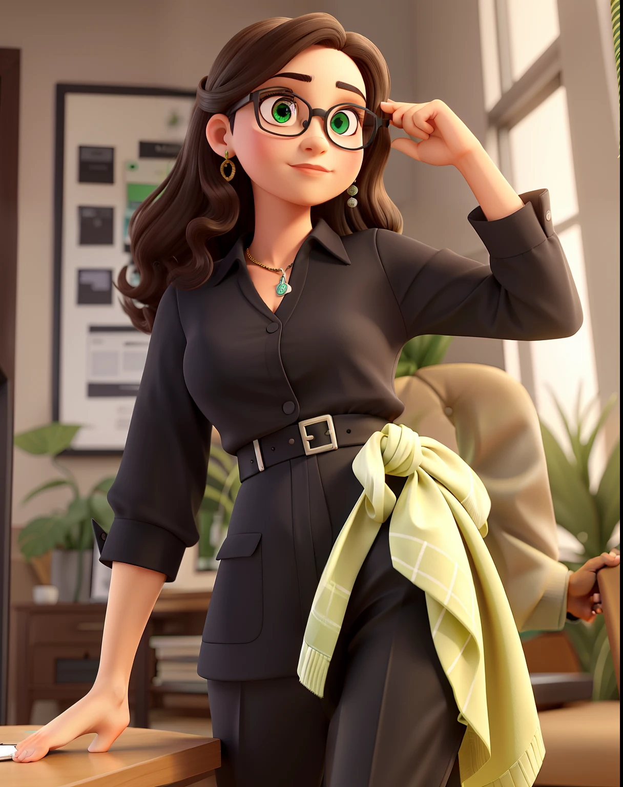 Uma mulher advogada, jovem, Serious, Chic and wise, com cabelo longo e liso escuro, olhos na cor preta, olhos pequenos e boca pequena , with black dress pants, blusa preta e brazer verde bandeira, of prescription glasses with brown frame with ounce, salto alto preto, In a fancy law firm.