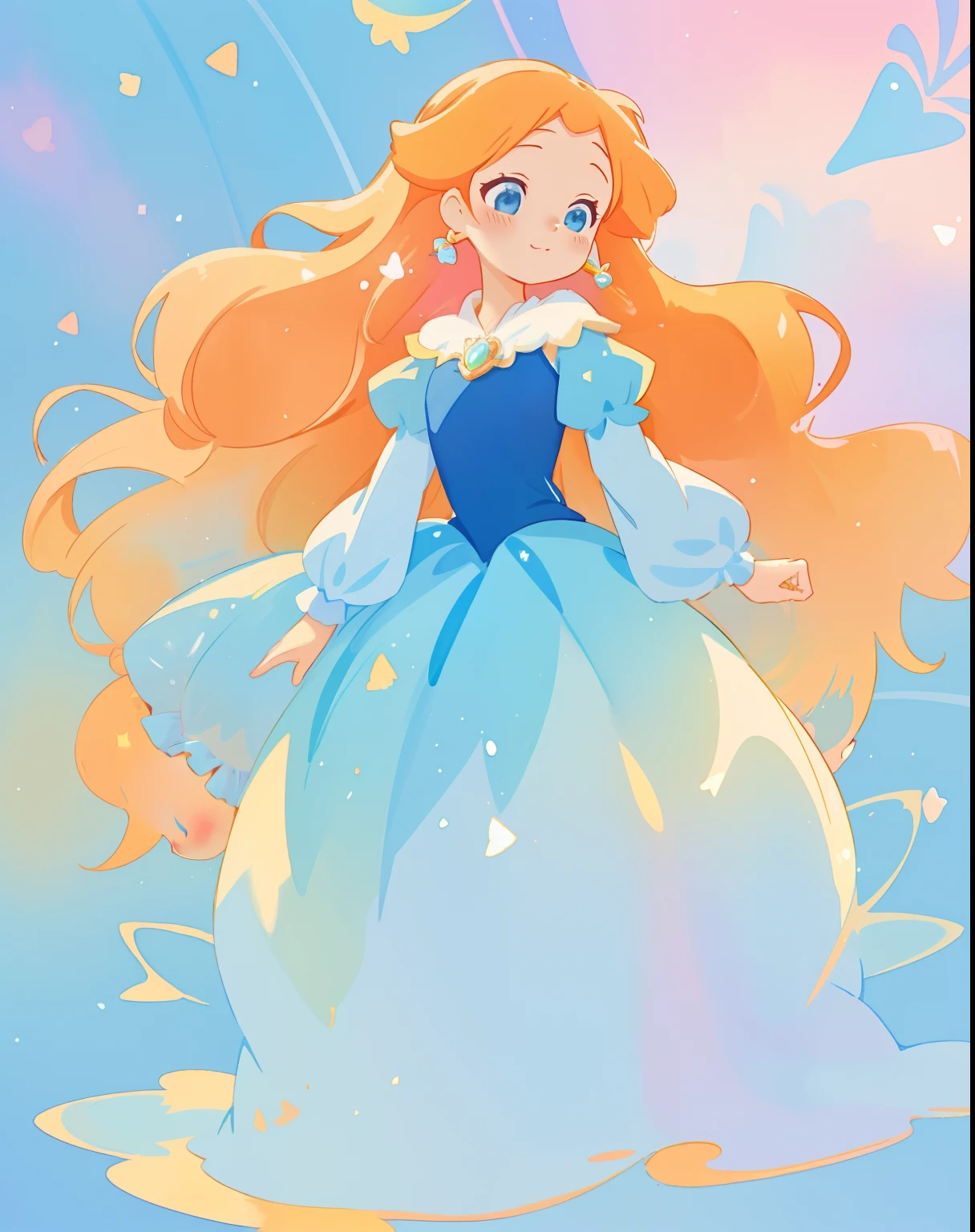 beautiful girl in gradient blue princess ballgown with puffy long sleeves, long flowing gold peach hair, liquid theme, colorful fantasia background, watercolor illustration, disney art style, beautiful digital illustration, beautiful, masterpiece, best quality, anime disney style, beautiful face