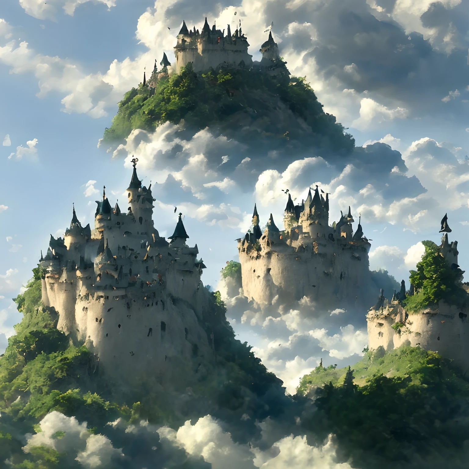 ​masterpiece、hightquality、Realistic、landscape shot、life-like、A detailed、Like the photo、Glowing castle in the sky、Deities々Castle in the Sky、Castle in the Sky、Flying Castle、Castle in the Sky、Castle of Glory、Castle above the clouds、Lush castle surrounded by trees