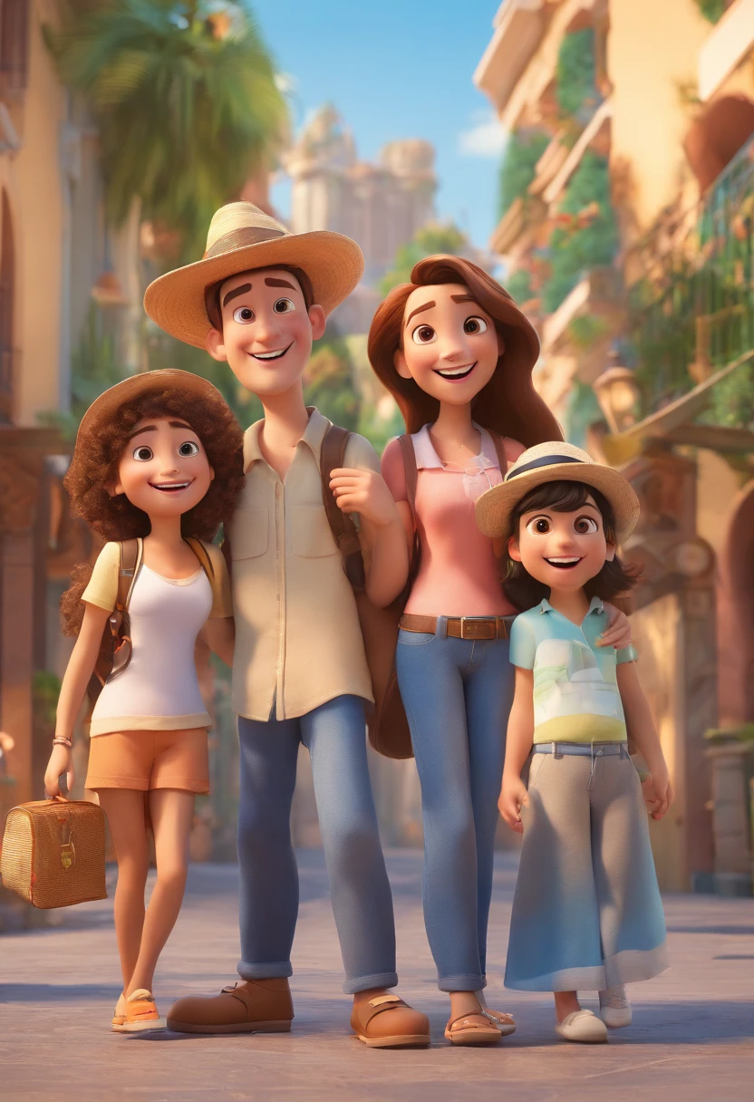 Cartoon of family having fun on vacation together in the city Rio de Janeiro,  3D Animation Movie Poster, Poster de filme animado, pixar 3 d animation style, pixar renderman rendering, maia 8 mil, animated film, Disney Pixar Estilo 3D, Happy family hang out together, all wearing light blue shirts and cream brown long pants, camisa azul clara, cream brown pants, ao ar livre, vacation, Disney Pixar Animation Poster