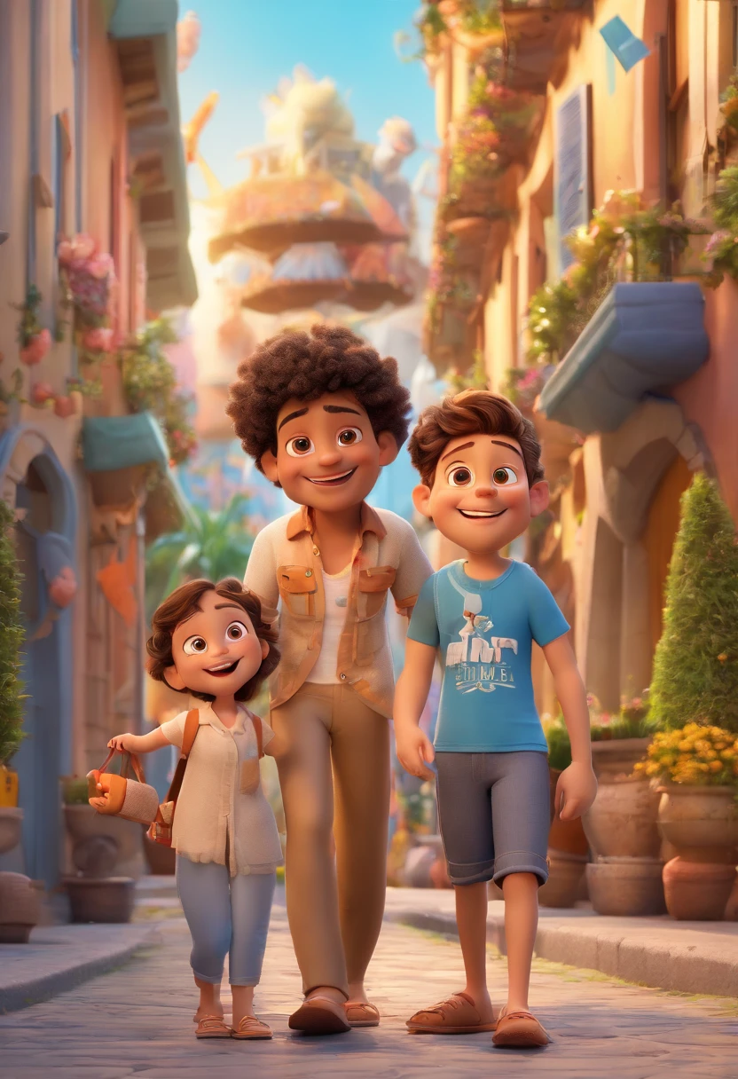 Cartoon of family having fun on vacation together in the city Rio de Janeiro, 3D Animation Movie Poster, Poster de filme animado, pixar 3 d animation style, pixar renderman rendering, maia 8 mil, animated film, Disney Pixar Estilo 3D, Happy family hang out together, all wearing light blue shirts and cream brown long pants, camisa azul clara, cream brown pants, ao ar livre, vacation, Disney Pixar Animation Poster