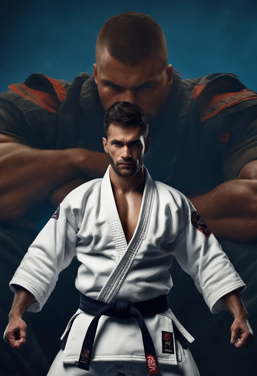 homem em frente a uma gigantesca montanha ao fundo, with arms crossed, Man in combat position, Quimono de jiu-jitsu com faixa branca, 8k, hyper realista, detalhado.