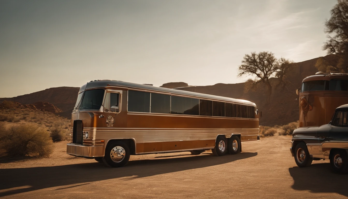 1976 MCI Greyhound bus converted into a custom tour bus for the country music band, with a full custom "Kevin McCree" painted on the side with a desert scene, and a group of fans taking pictures of a handsome cowboy standing by it on a record cover -imagine -