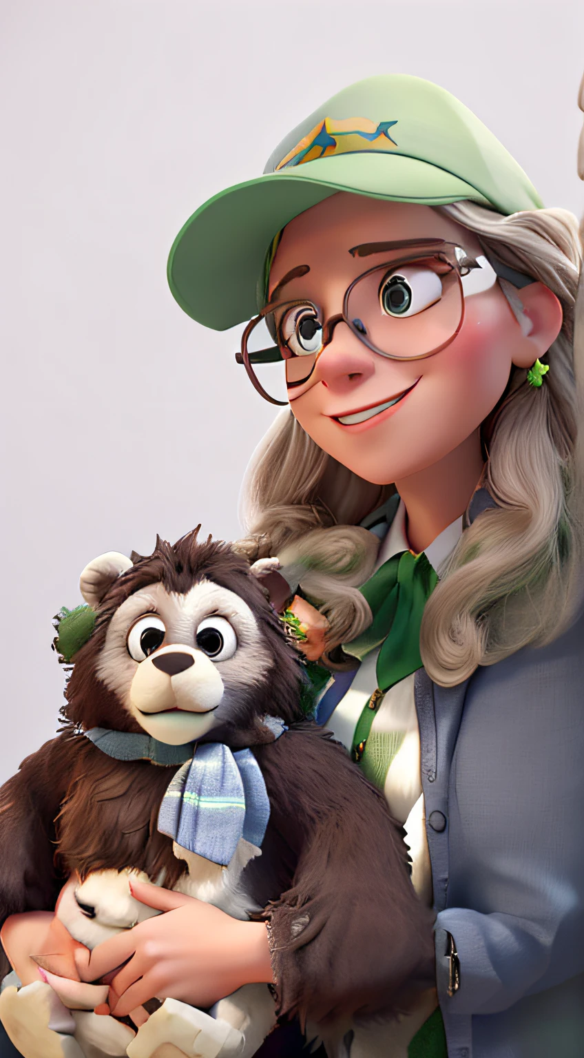 Disney Style Post in 3D White Woman in Glasses, green cap, cabelos lisos, holding a teddy bear