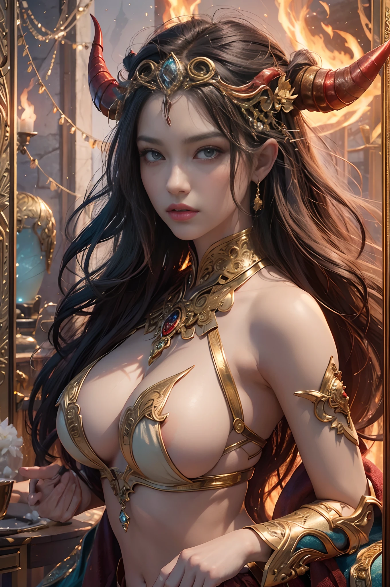 (tmasterpiece,top Quority,best qualtiy,offcial art,Beautiful and aesthetic:1.2),A scene depicting a female god of war fighting a red burning demon with huge horns in the middle of hell,She is a great giant,She is a lovely princess,She is a strong fighter,Flame,lightning in sky,magma,At the foot of the mountain,Mountains in the distance,(theelementoffire:1.4),Realistic flames,Highly realistic,Correct anatomy,fully body photo,Bulge,Cute big breasts,revealing breasts,legs separated,plumw,Desire for dissatisfaction,Bare genitalia, Camel toes,Sexy gesture,climaxing,Sexual huge breasts cleavage, Barefoot,Sexy gesture,Fist to flesh,(zentangle,datura,Tangles,entangled)(Long hair and long meat,Bare ,),Married Woman,熟妇,s delicate face,beatiful detailed eyes,Correct anatomy,Detailed face, Detailed eyes,holy rays,gold foil,Gold leaf art,Deep background,absurderes,Fantastic and incredible,Epic composition,(Complicated details,Hyper-detailing:1.2),Ultra photo realsisim, epic realistic, ((com cores neutras)),(pastel colour:1.2), Hyper-realistic, + cinema shot + Dynamic composition, Incredibly detailed, Sharpen, Cinematic, warm lights, Light effect, Dramaticlight, (Intricate details:1.1), the complex background, (greg rutkovsky:0.8), (Black and red:0.4),