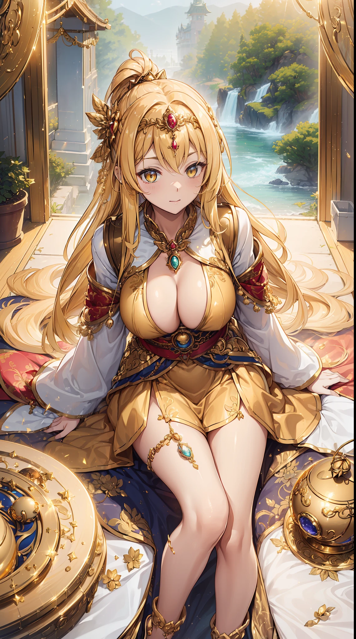 top-quality、Top image quality、tmasterpiece、Girl vs((20yr old、Best bust、big bast、Bust 85,Beautiful golden eyes、Breasts wide open,A blonde long-haired、slenderness、Great Valley、vests、Cosmic dress、gold bikini、stooping forward、Kaihuai))hiquality、beautiful art、Background with((soiree、golden ornaments)))masutepiece、visual art、depth of fields、