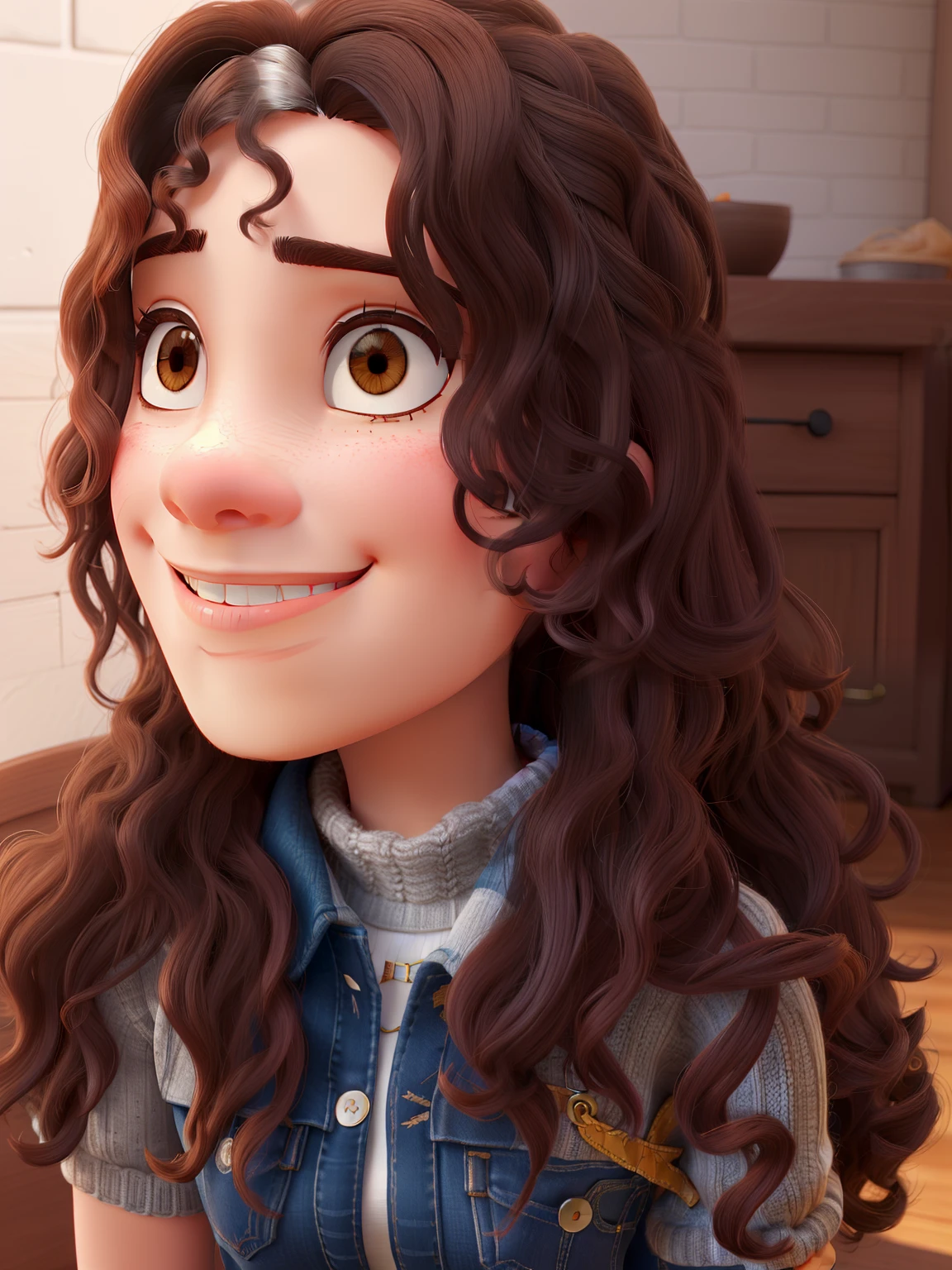 A beautiful girl with medium curly hair with bangs and dark brown, Dark eyes in jeans and white knitting smiling