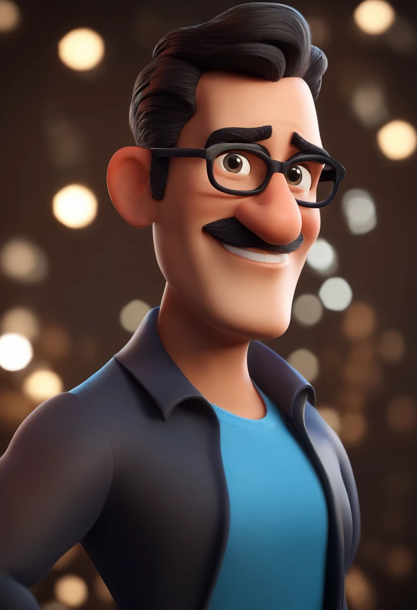 Cartoon character of a man wearing black glasses and a blue shirt, um personagem animado, Caractere estilizado, animation style rendering, 3D estilizado, Arnold Maya render, 3 d render stylized, toon render keyshot, Personagem 3D, Personagem 3D, 3d rendering stylized, 3 d character render, personagem de desenho animado, Personagem de close up, Pose de personagem,  (Estilo Pixar) (master part:1.2) (Bokeh) (best quality) (pele detalhada) (textura detalhada) (8k) (argila) (Cinematic lighting) (foco nítido