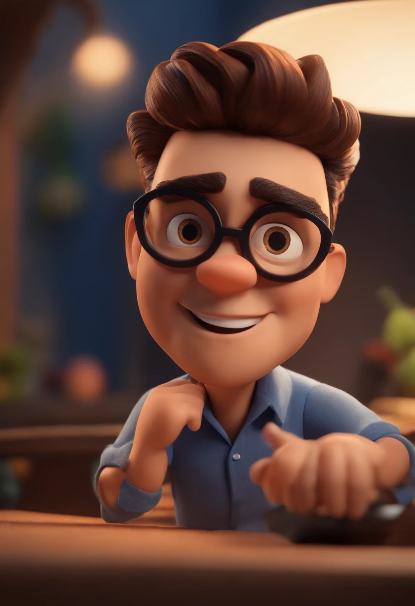 Cartoon character of a man wearing black glasses and a blue shirt, um personagem animado, Caractere estilizado, animation style rendering, 3D estilizado, Arnold Maya render, 3 d render stylized, toon render keyshot, Personagem 3D, Personagem 3D, 3d rendering stylized, 3 d character render, personagem de desenho animado, Personagem de close up, Pose de personagem,  (Estilo Pixar) (master part:1.2) (Bokeh) (best quality) (pele detalhada) (textura detalhada) (8k) (argila) (Cinematic lighting) (foco nítido
