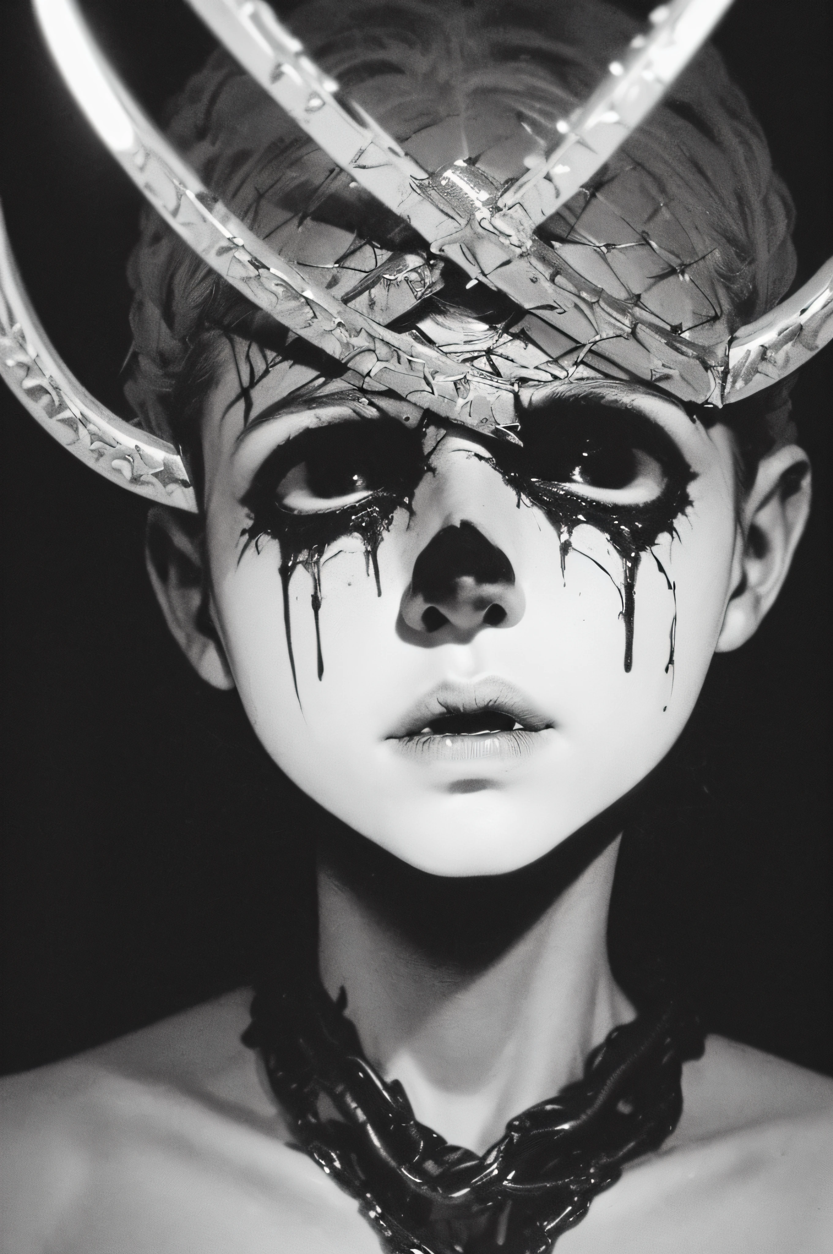 "(The best lighting, oscuro, dramatic),(feto calavera alien, Hellraiser, Cicatrices, sexy, cerebro, sangre, alas blancas sucias, una rata dentro de la cabeza, terror.),(ojos rojos, calaveras). morning light.