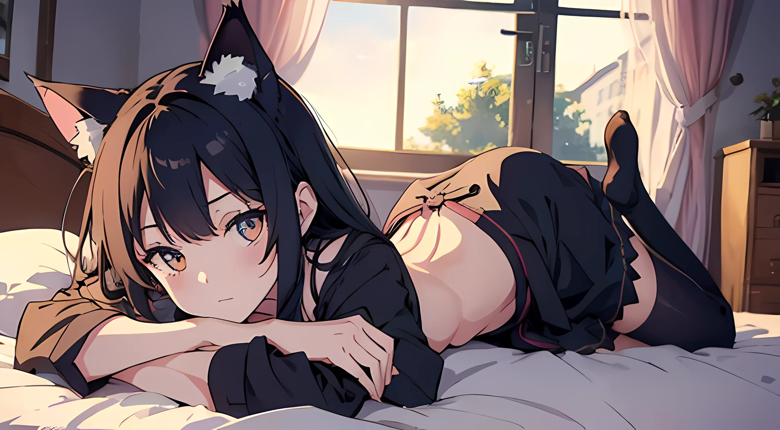 cat-eared girl, lying on her back on bed, Arms up, Midnight, witch uniform