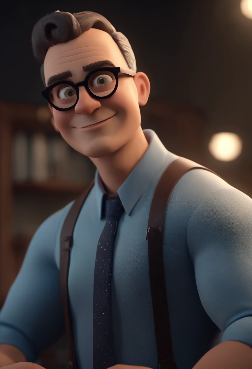 Cartoon character of a man wearing black glasses and a blue shirt, um personagem animado, Caractere estilizado, animation style rendering, 3D estilizado, Arnold Maya render, 3 d render stylized, toon render keyshot, Personagem 3D, Personagem 3D, 3d rendering stylized, 3 d character render, personagem de desenho animado, Personagem de close up, Pose de personagem, (Estilo Pixar) (master part:1.2) (Bokeh) (best quality) (pele detalhada) (textura detalhada) (8k) (argila) (Cinematic lighting) (foco nítido，Senta e vaza a parte superior do corpo
