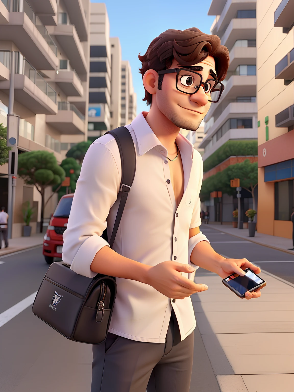 a man with glasses, no elevador, com a camisa do Flamengo segurando um iPhone