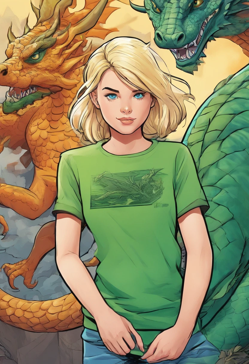 Digital Art Top Resolution 8K Image A Very Beautiful Girl Blonde Blue Eyes In Green Sweatshirt In Skirt Looking At A Blue Dragon Ultra Detailed Ultra Realistic Shadows