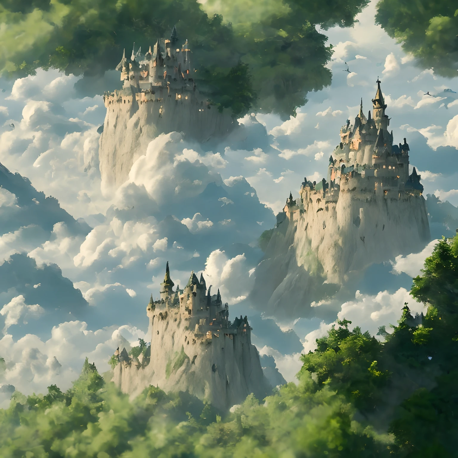 ​masterpiece、hightquality、Realistic、landscape shot、life-like、A detailed、Like the photo、Glowing castle in the sky、Deities々Castle in the Sky、Castle in the Sky、Flying Castle、Castle in the Sky、Castle of Glory、Castle above the clouds、Lush castle surrounded by trees